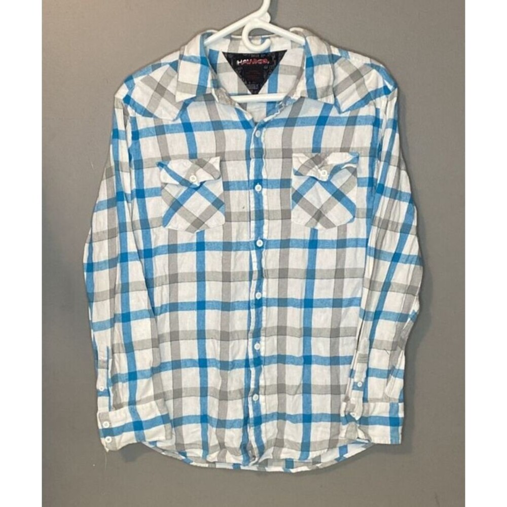 Tony Hawk Men's Sz Medium Flannel Button-Up Teal Orange White Plaid Check Square